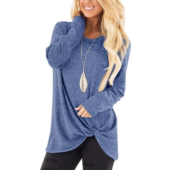 Tops - Women's Long Sleeve Blue Casual Twist Knot Tunic Top